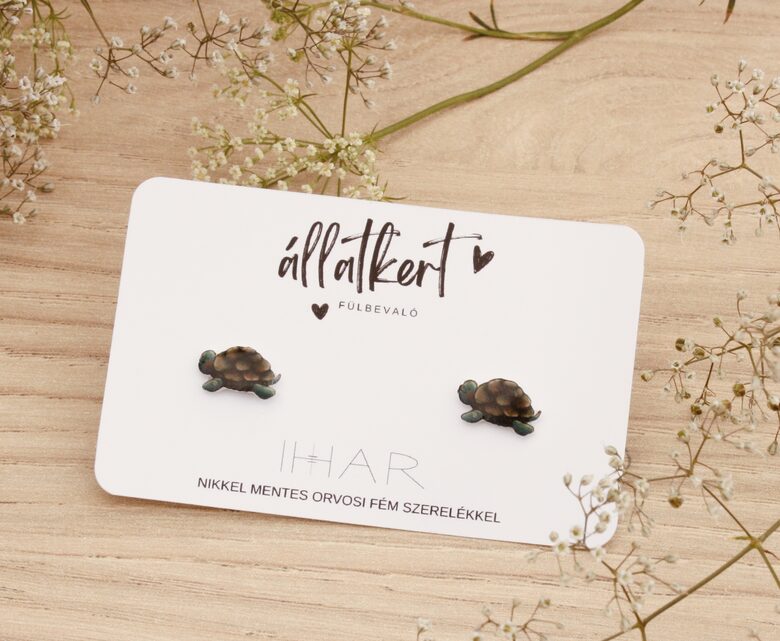 Teknős bedugós fülbevaló – kézzel rajzolt, kedves állatos ékszer orvosi fém alapon